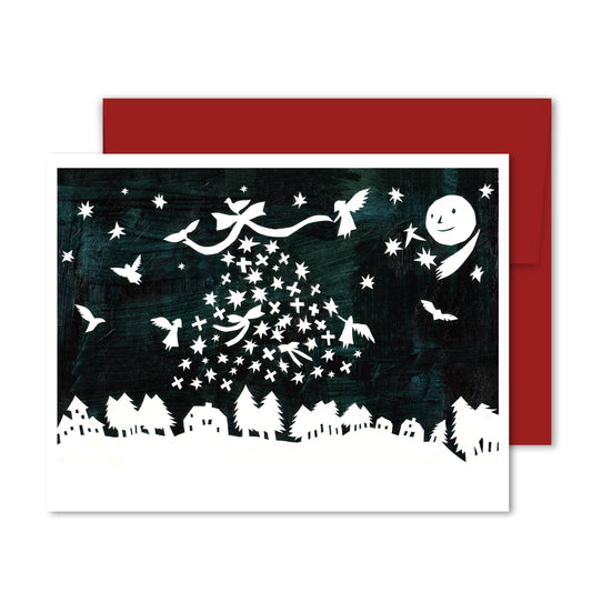 Christmas greeting card with white silhouette village, doves, stars, and moon against a dark night sky