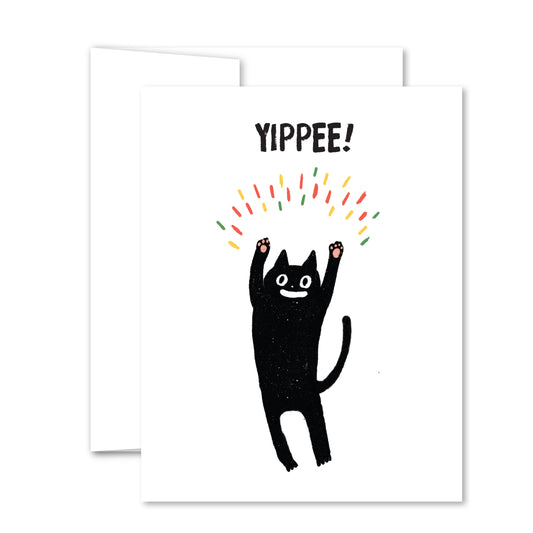 Playful black cat with paws raised under colorful confetti and “Yippee!” text, illustrated celebration greeting card.