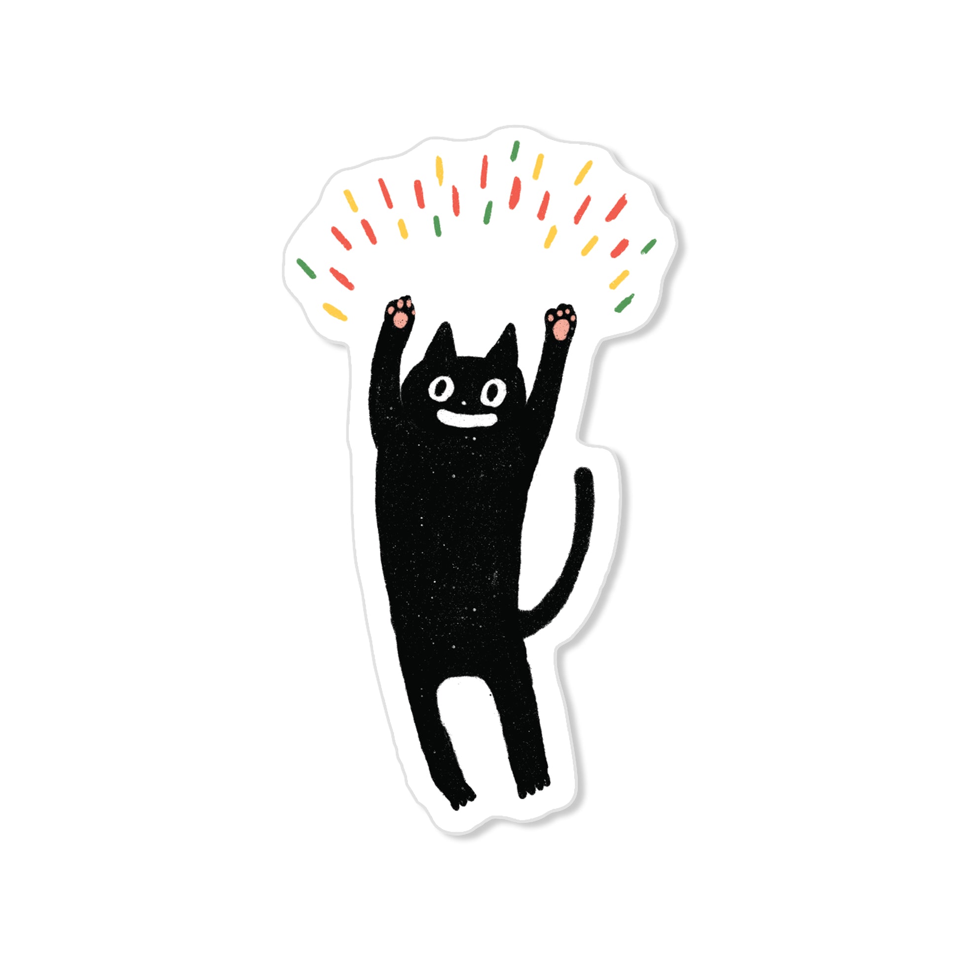 Yippee cat sticker with black cat raising paws under colorful confetti, playful hand-drawn illustration