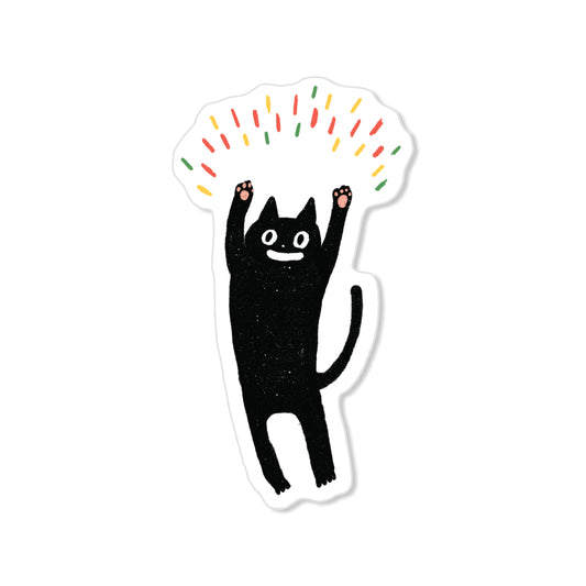 Yippee cat sticker with black cat raising paws under colorful confetti, playful hand-drawn illustration
