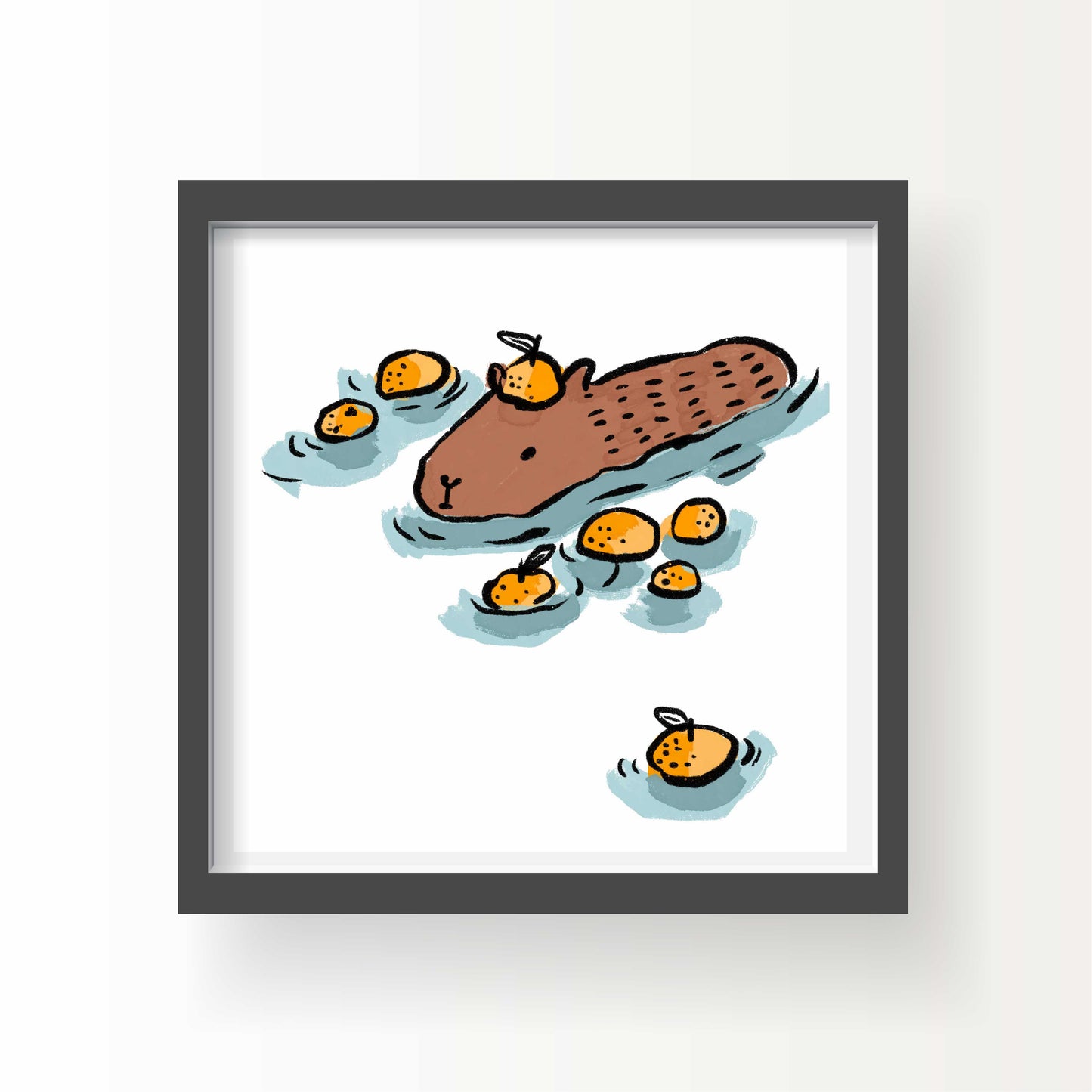 Illustrated capybara soaking in water surrounded by floating oranges, with one orange on its head, 8x8 art print by Miss Johnny Squirrel