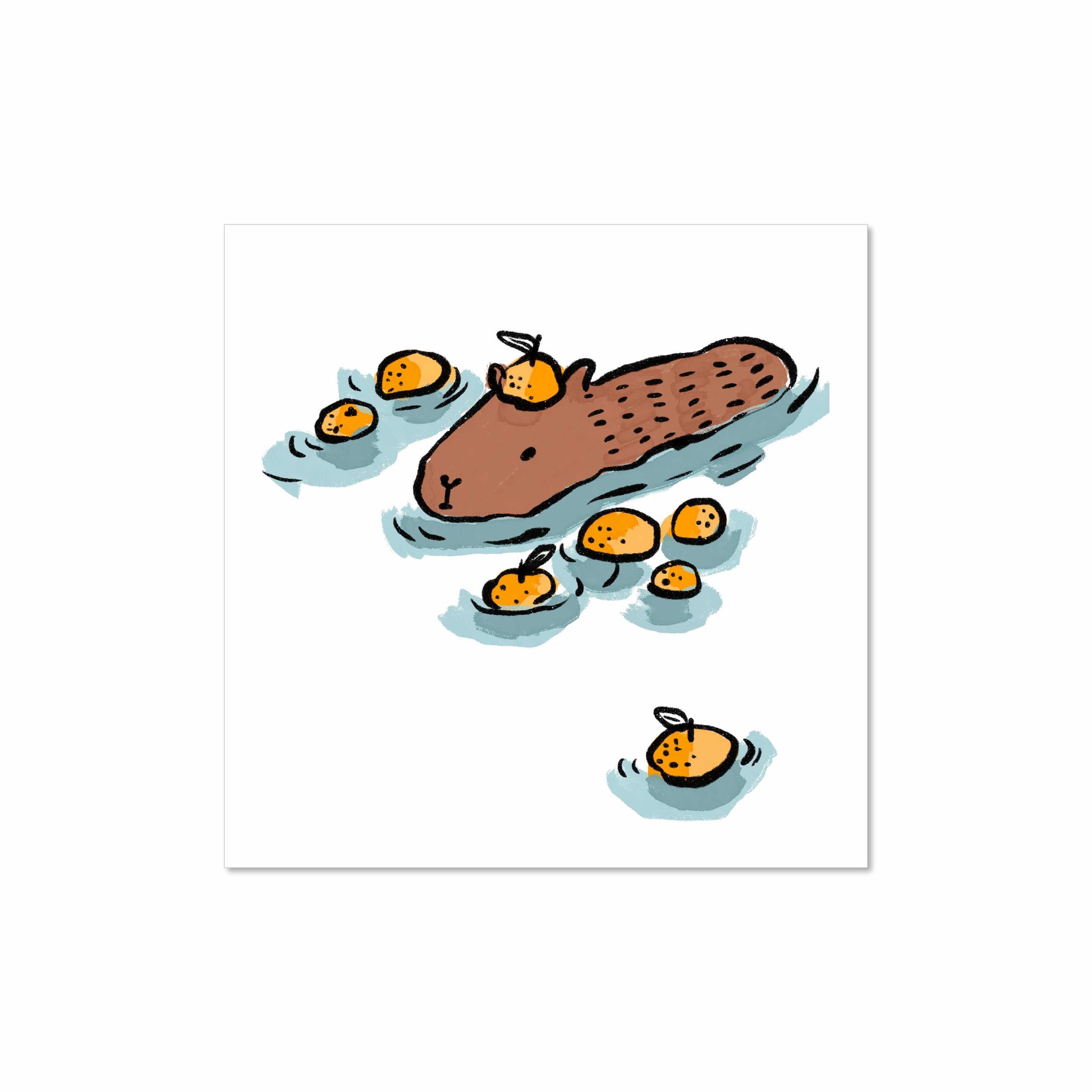 Illustrated capybara soaking in water surrounded by floating oranges, with one orange on its head, 8x8 art print by Miss Johnny Squirrel
