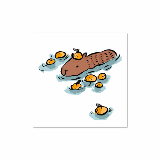 Illustrated capybara soaking in water surrounded by floating oranges, with one orange on its head, 8x8 art print by Miss Johnny Squirrel
