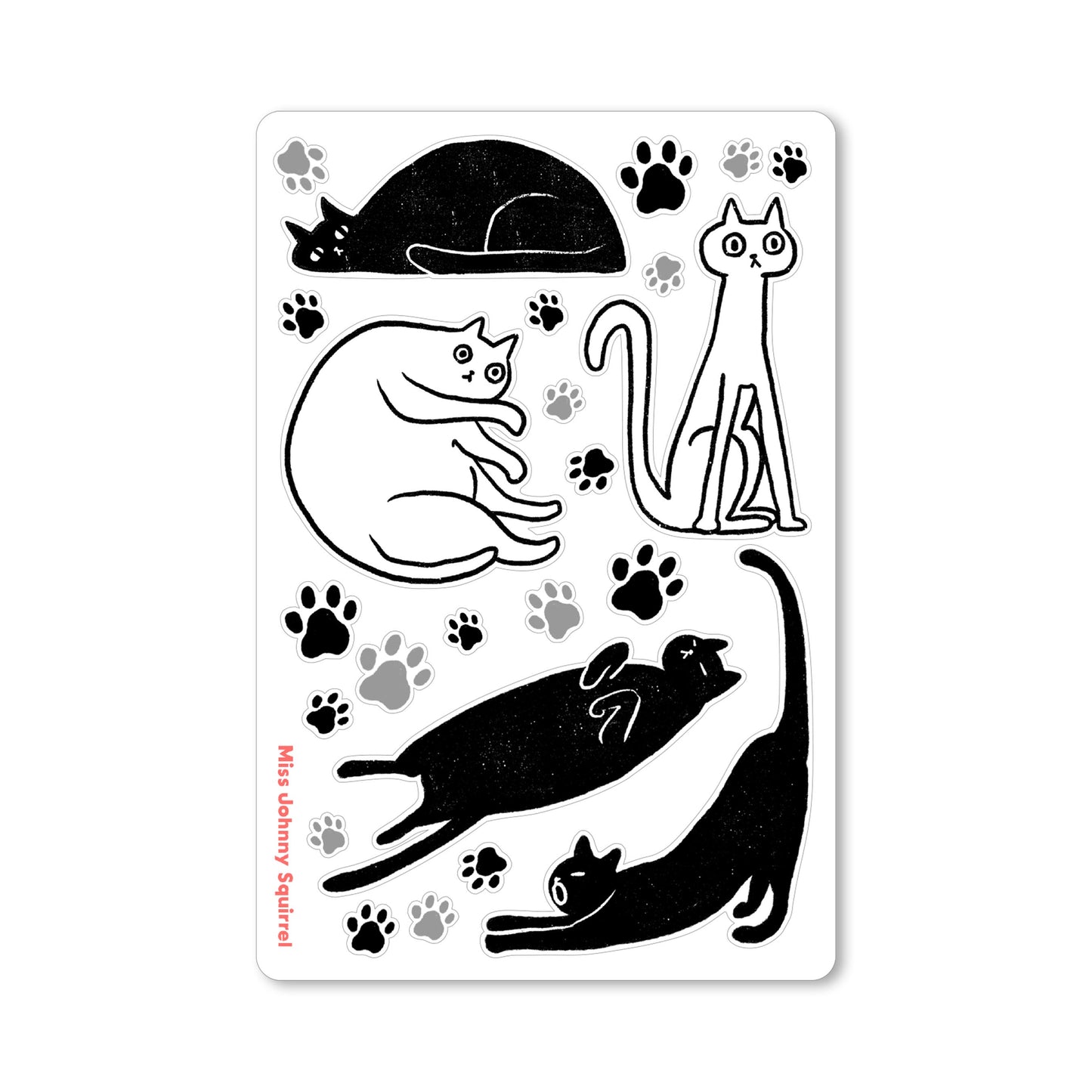 Black and white cat sticker sheet with five illustrated cat stickers and small paw print stickers.
