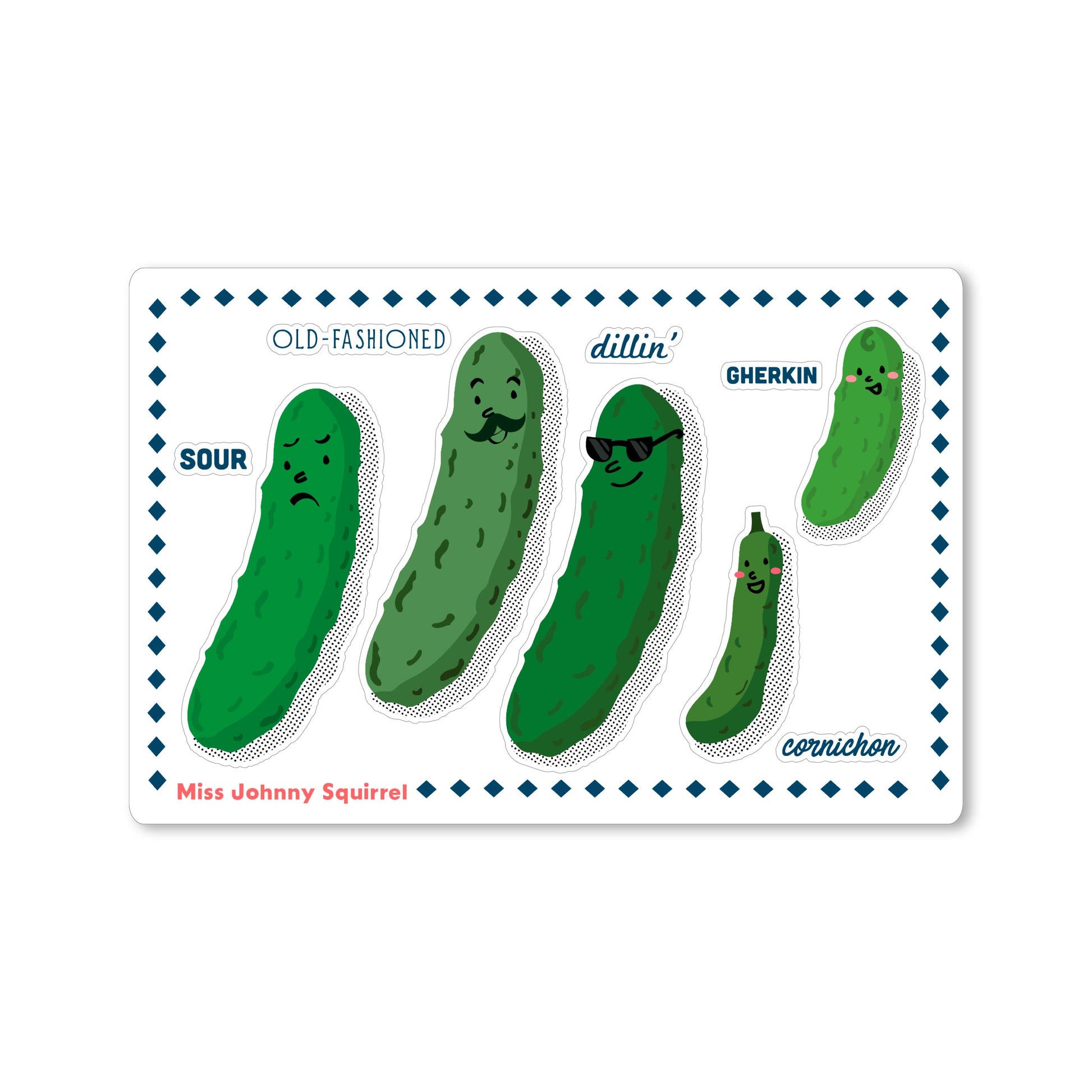 Pickle sticker sheet with five illustrated pickle characters and labels: sour, old-fashioned, dillin’, gherkin, and cornichon.