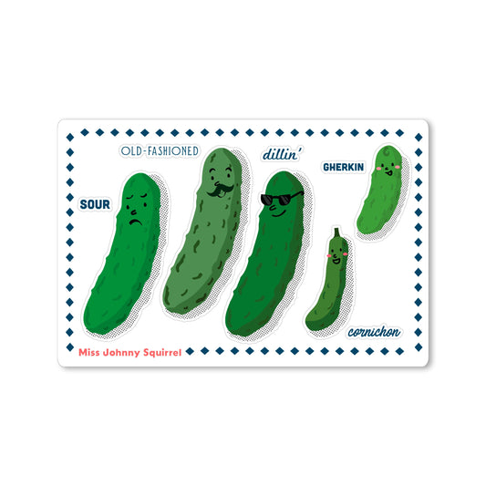 Pickle sticker sheet with five illustrated pickle characters and labels: sour, old-fashioned, dillin’, gherkin, and cornichon.