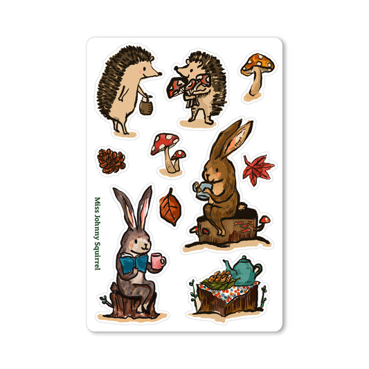 Woodland sticker sheet with hedgehogs, rabbits, mushrooms, leaves, pinecone, and tea table illustrations.